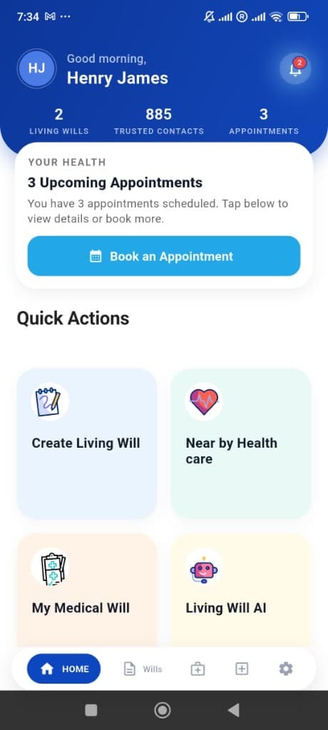 Living Will app home dashboard showing living wills, trusted contacts, and appointment booking